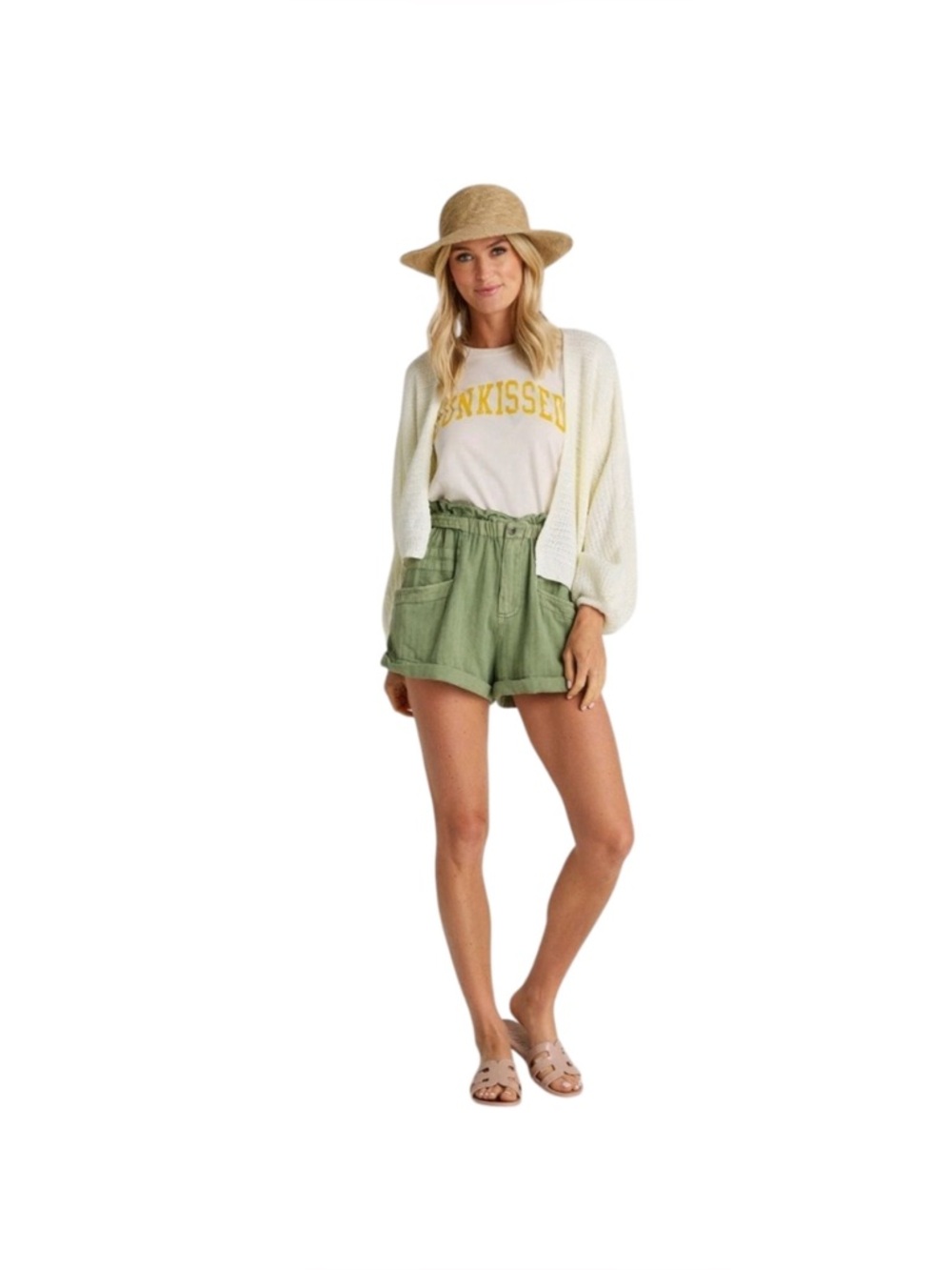 Free People Topanga Green Linen Cotton Paper Bag Cuff Festival Shorts Sz XS